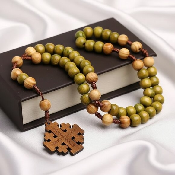 Olive Wood Rosary Jerusalem Holy Land Cross Necklace Hand Crafted NWOT - Picture 4 of 8